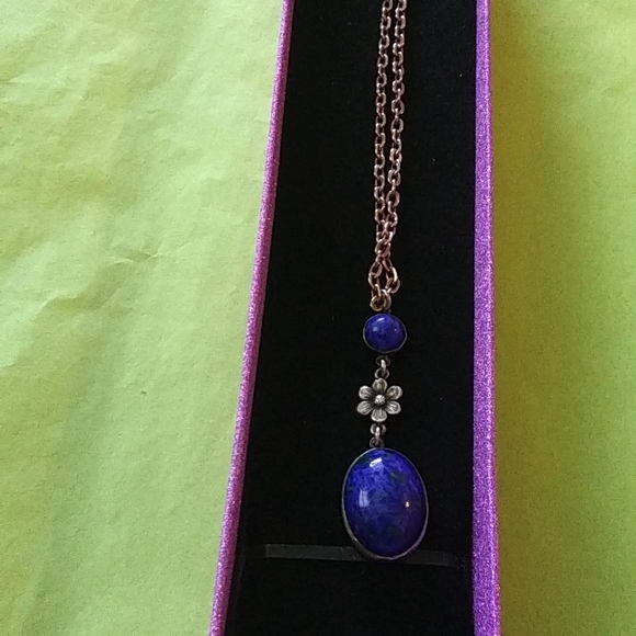 Vintage Jewelry - BOTANICAL LAPIS LAZULI GEMSTONE SILVER PENDANT NECKLACE.